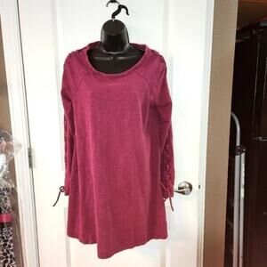 VERY J Tunic Dress Women Medium M Wine Red Long Lace Up Sleeve Mini 100% Cotton